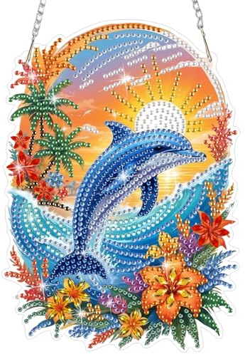 HEIBAGO Diamond Painting Anhänger Für Anfänger, 5D Diamond Painting Fensterbilder Delfine mit Kette,Besonders Geformt Sonnenuntergang Kristall Hängen Diamant Painting Edelstein Kunst für Wanddekor