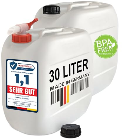 plasteo® 2x 30 Liter Getränke- Wasserkanister Natur mit 1x Hahn und 2x Schraubdeckel | BPA Frei | Lebensmittelecht | Tragbar | Indoor und Outdoor | Made in Germany (2x 30L mit Hahn)