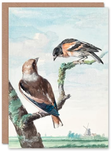 Artery8 Aert Schouman Art Card Two Hawfinch Birds in Rural Landscape