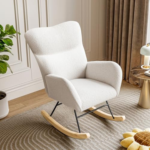 Hadwin Rocking Chair for Adults, Teddy Upholstered Nursing Chair Accent Lounge Rocker for Nursery Comfy High Backrest Armchair for Living Room Bedroom Office
