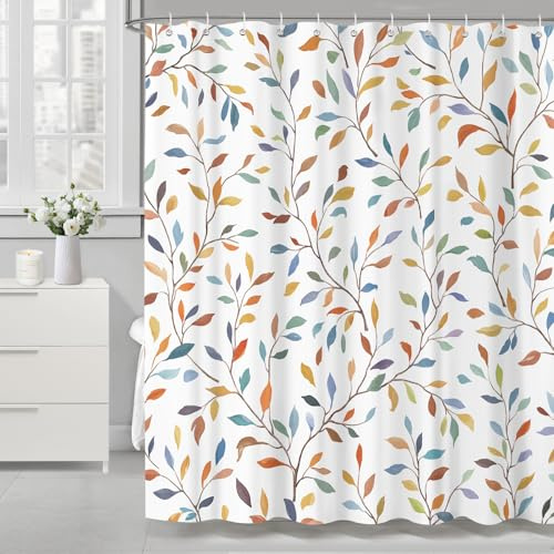 Dazzlewall Boho Blätter Bunt Weiß Duschvorhang 183x183 cm Bad Anti-Schimmel | Abstrakte Aquarelloptik, wasserabweisend, schnelltrocknend, waschbar, inkl. 12 Haken, für Dusche, Wanne & Gäste-WC