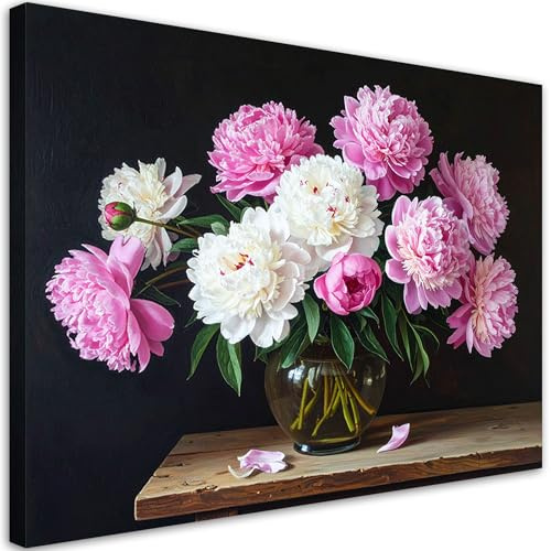 Feeby Leinwand Bilder - Bild Wohnzimmer - Pfingstrosen Blumen Strauß - 60x40 1tlg - Deko Schlafzimmer Groß - Dekoration Canvas - Gemälde - Modern Wandbilder - Kunstdruck