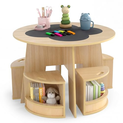 COSTWAY Kindertisch und Stuhl Set rund, 5 teilige Kindersitzgruppe aus Holz mit 4 Stauraumhocker, Maltisch für Kinderzimmer, Sitzgruppe für Kinder ab 3 Jahren (Natur)