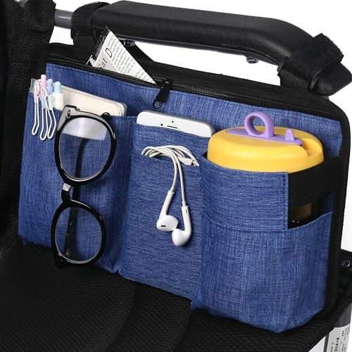 RZMAYIS Wheelchair Side Bag with Cup Holder, Armrest Storage Bag for Wheelchair Rollator Walker, Waterproof Nylon Mobility Organizer with Multiple Pockets for Seniors & Disabled (Blue)