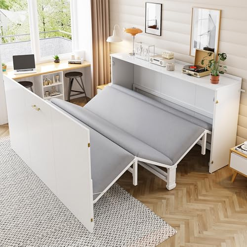 Henjda Schrankbett 140x200, Klappbares Doppelbett mit Matratze und Lattenrost, Wandbett Klappbett mit Schrank, Vertikal Schrankbett, Wandklappbett Murphy Bed Bettschrank mit Leisen Rollen (Weiß)