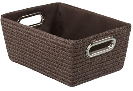 WENKO Aufbewahrungskorb Mod. Chromo eleganter Aufbewahrungsbox in modernem Design geflochtener Kunststoff für Badaccessoires und Küchenkorb mit Chromgriffen 28 x 12 x 19,5 cm Polypropylen Braun