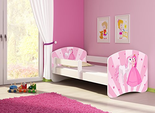 CLAMARO 'Fantasia Weiß' 160 x 80 Kinderbett Set inkl. Matratze und Lattenrost, mit verstellbarem Rausfallschutz und Kantenschutzleisten, Design: 08 Prinzessin Einhorn