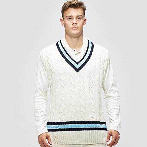 Gunn & Moore GM | Cricket Sweater Jumper Slipover | Classic Heavy Cable Knit | Sleeveless | Cream with Navy Blue & Sky Blue Trimmed Collar | XL to fit Chest 44