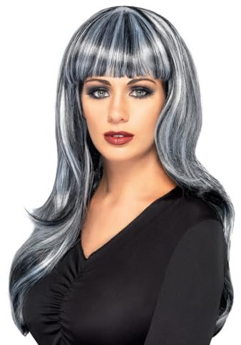 Smiffys Perücke Unheimliche Sirene, Schwarz, Lang, wellig mitFring und grauen Strähnen