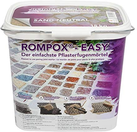 ROMPOX - EASY 1K Pflasterfugenmörtel 15 kg - Sand-neutral - ist ein fix und fertig gemischter 1-Komponenten Pflasterfugenmörtel.