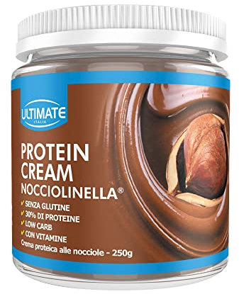 Ultimate Italia - Crema proteica al 30% spalmabile, senza zuccheri - 250g - gusto nocciola - poche calorie, senza glutine, con vitamine