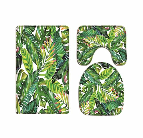 A.Monamour Badezimmer Badematte 3 Teilig Set Tropischer Grüner Bananenbaum Blätter Frühling Badmatte Teppich Flanell Saugfähig Badteppiche Badvorleger Badgarnitur WC Vorleger