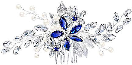 EVER FAITH Damen Haarkamm Kristall Simulierte Perle Hochzeit Braut Filigrane DIY Blume Blatt Haar Schmuck Blau Silber-Ton