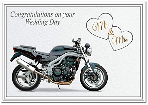 Motorbike Wedding Card - Congratulations to for Bikers and Motorcycle Fans - Marriage Keepsake for Special Day - Blank Inside to Write own Message - Unusual Quality Speed Triple Bike Mr & Mrs