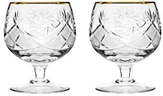 Set of 2 Hand Made Vintage Crystal Glasses, Brandy & Cognac Snifter with 24K Gold Rim, Old-Fashioned Glassware