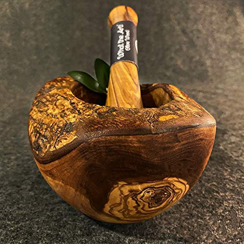 What the Art!® Olive Wood «Le Mortier» Gr. M | Olivenholz Mörser inkl. Stößel | Handarbeit | ca. Ø 12 x ↑ 7-9 cm | Gewürzmörser - Kräutermörser - Küchenmörser - Stampfer - Mortar