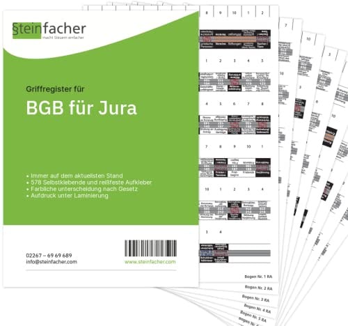 Steinfacher Griffregister BGB FÜR JURA - 578 bedruckte Aufkleber, inkl. Einklebeschablone für gebundene Textausgaben (ohne Folien | fester Kleber)
