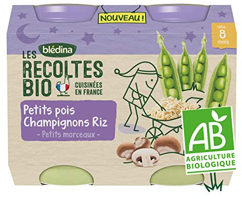 Blédina Les Récoltes Bio, Petits pots bébé Bio dès 8 Mois, Petits Pois, Champignons, Riz, 2x200g (Lot de 6)