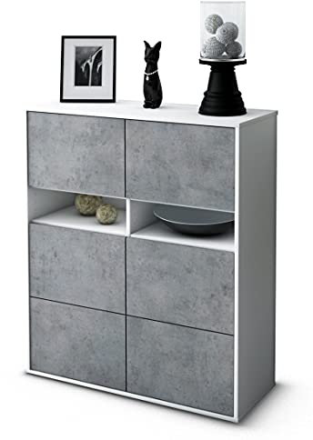 Stil.Zeit Highboard Jasmin, Korpus Weiss matt, Front Industrie-Design Beton (92x108x35cm), Push-to-Open Technik & Leichtlaufschienen