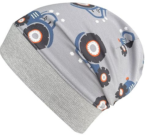 Wollhuhn ÖKO Leichte Weiche Mädchen/Jungen Beanie-Mütze Trecker/Traktor Bündchen Elastisch Übergangszeit/Sommer Jersey Baumwolle (Öko-Stoffe, Bio) (Maxi Traktor Grau/Blau, M)