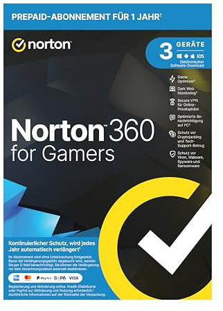 Norton 360 for Gamers 2025 | Cybersicherheit für Gamer | 3 Geräte | 1 Jahr | Aktivierungscode in Originalverpackung