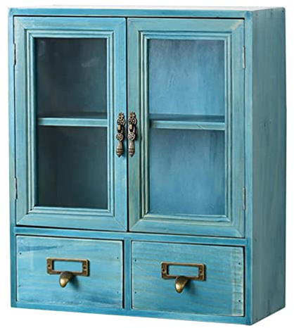 Vintage Holz Schubladenbox mit Glasfenster, 1 Stück Blau, Schulanfang Deko | Aufbewahrungsbox, Mehrstufiges Design, Sortieren und Ordnen, Schreibtisch und Schminktisch
