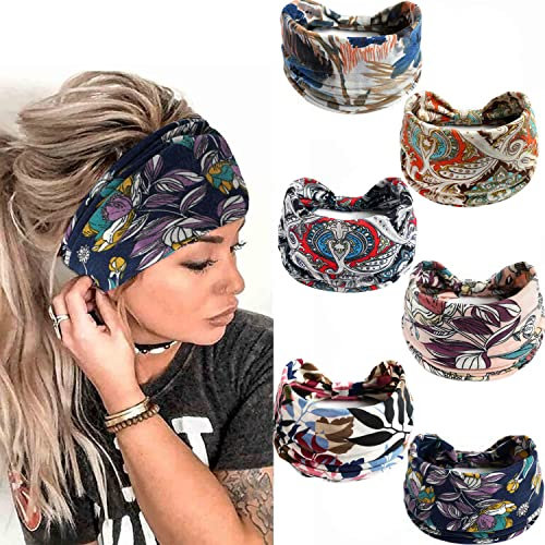 6 Stück Stirnbänder Damen Frauen Breites Haarband Boho Blumendruck Leopard Knot Elastische Lauf Yoga Kopfwickel Haarbänder Mehrfarbig