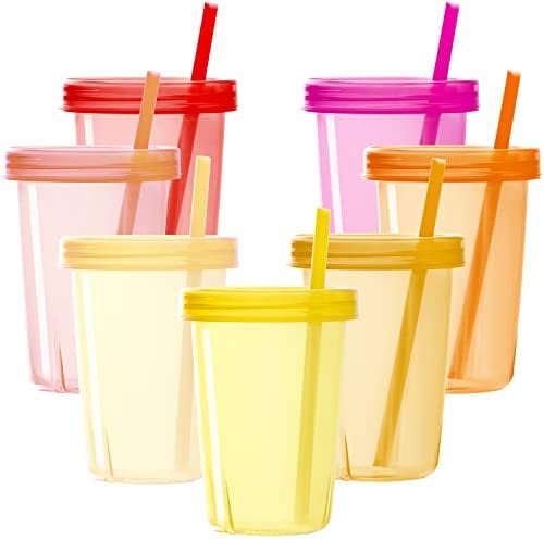 Youngever Lot de 7 Tasses pour Enfants avec Couvercles et Paille, Set de Gobelets en Plastique (Pink)