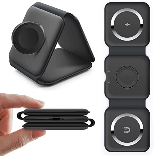 Magnetic Wireless Charger,Foldable Travel 3 In 1 Wireless Charging Station 15w Mag-Safe Wireless Charger Stand Compatible with iPhone 15/14/13/12/11/Pro/Max/X/XS/XR, Apple Watch and Airpods (Black)
