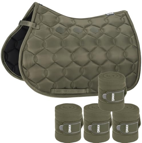 Eskadron Set Schabracke Glossy Wave Olive mit doppel Kordel & Bandagen, Größe:Pony (P)