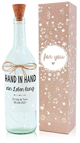 OWLBOOK Hand in Hand ein Leben lang Flaschenlicht Geschenke für Hochzeitspaar Brautpaar Paare zur Hochzeit Trauung Hochzeitsgeschenk