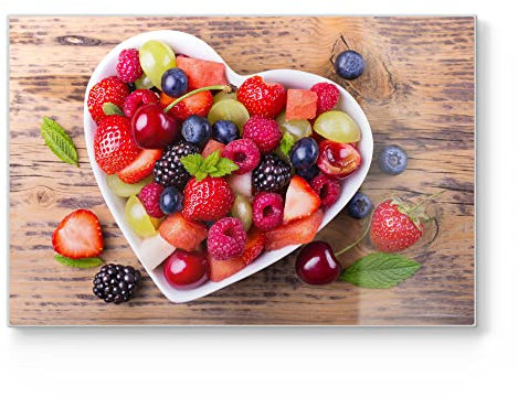 DEQORI Tabla de cortar de cristal | grande 30 x 20 cm | diseño de ensalada de frutas es amor | placa de corte de diseño para cocina | tabla de desayuno antibacteriana y antideslizante | placa de