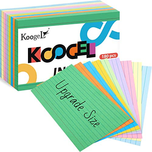 Koogel Karteikarten, 10,2 x 15,2 cm, 180 Stück, liniert, beidseitig liniert, 9 verschiedene Farben, Lernkarten für Studium und Büro