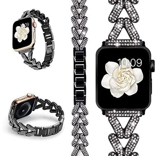 Miimall Strap Compatible with Apple Watch Series 10 9 8 7 6 5 4 3 2 1 SE, Bling Rhinestone Zinc Alloy Band Women Adjustable Replacement Bracelet Strap for iWatch 42mm/41mm/40mm/38mm, Black