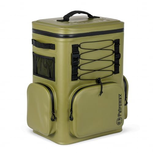 Petromax Kühlrucksack 27 Liter | 8 Tage Passive Kühlung ohne Strom (192 Stunden) | Rückenpolsterung | stabil | wasserdicht und auslaufsicher| leicht und ergonomisch | Flaschenöffner (Oliv)