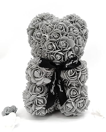 Amtang Rose Flower Bear Artificial Flower Hand Made Bear For Valentine's Day Birthdays Romantic Weddings Christmas Rose Gifts (25cm Grey)