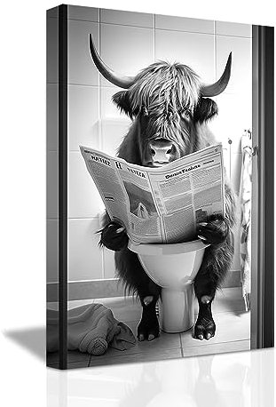 LZIMU Lustiges Badezimmer Wanddekor Highland Kuh die auf der Toilette sitzt und Zeitung liest Leinwand Kunstdrucke Schwarz Weiß Tiere Wandbild (D, 60.00 x 90.00 cms)