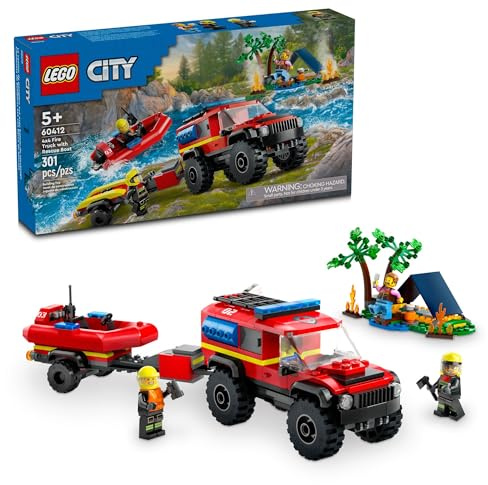 LEGO City 4x4 Fire Truck with Rescue Boat - Building Toy for Boys & Girls, Ages 5+ - Gift for Birthdays - Truck Toy W/ 3 Minifigures - 60412