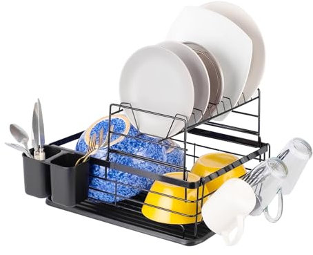 Innoteck Essentials 2 Tier Dish Drainer Rack - with Removable Cutlery Holder and Plastic Base Drip Tray - Black Large Capacity Rustproof - Organiser for Kitchen Counter - 41.5 x 30.5 x 27cm - Black