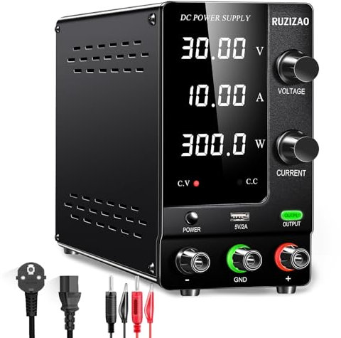 RUZIZAO Fuente de Alimentación Regulable 30V 10A, Fuente de Alimentación de Laboratorio con Codificador y Interruptor de Salida, Fuente de Alimentación de Banco Pantalla LED de 4 Dígitos y Puerto USB