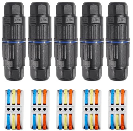 Dealikee 5PCS IP68 Waterproof Junction Box, Outdoor 3 Way Electrical Cable Connector, Replaceable Lever Wire Connectors for AWG 28-12, Quick Screwless Installation