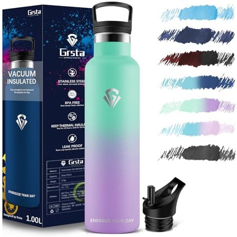 Grsta Gourde Isotherme, Gourde Sport 1l, Bouteille Isotherme sans BPA, Gourde Metal, Gourde INOX Reutilisable, Gourde avec Paille pour Gym, Bureau, Voyage