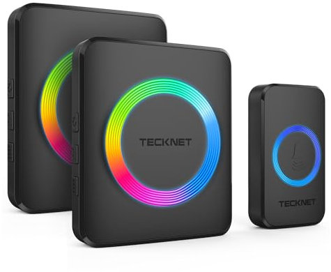 TECKNET Wireless Doorbell, Doorbell IP65 Waterproof Twin Wall Plug-in Cordless Door Chime Kit with 400m Range, 60 Chimes, 120dB Lound 5-Level Volume & RGB Light, Plug in Door Entry Bell