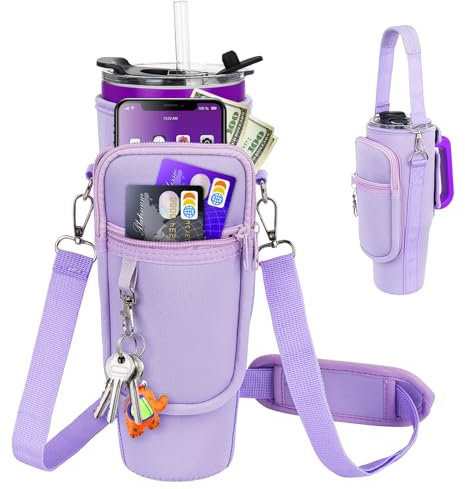 Sac de transport pour bouteille d'eau avec poche pour téléphone compatible avec gobelet Stanley/Meoky de 1,2 l avec poignée, pochette en néoprène avec sangle réglable, compatible avec les accessoires