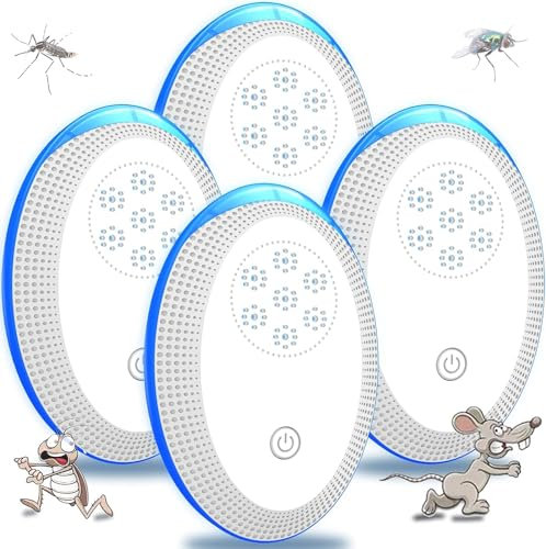 Anti Moustique Ultrason Prise, Ultrason Souris Mouche 4 Paquets, Appareil Repulsif Souris Efficace pour Repousser Les Rats, Les araignées, Les moustiques, Les Souris, Les cafards Bla