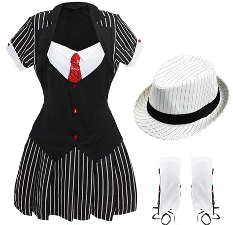 Gangster-Kostüm für Damen mit Trilby-Hut, weißer Trilby-Hut, schwarzes Nadelstreifenkleid, weißes Hemd, rote Pailletten-Krawatte und Stiefelüberzieher – perfekt für 1920er-Jahre-Verkleidungen,