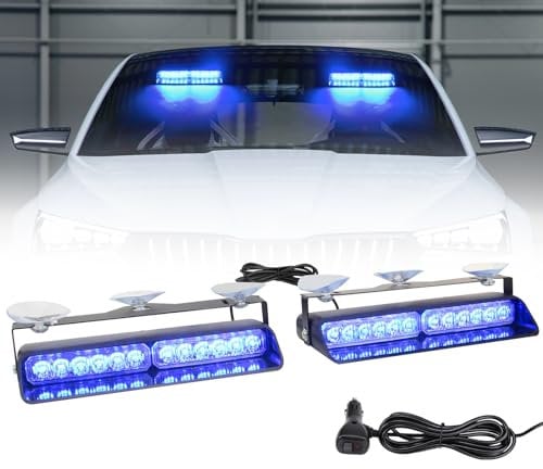 I LITTON 2-IN-1 Blue LED Windshield Strobe Lights, 2 x 8.4 Inch Ca Interior Light, 26 Modes 12/24V Emergency Warning Traffic Advisor Front/Rear Car Window Dash Strobe Lights for Trucks Vehicles