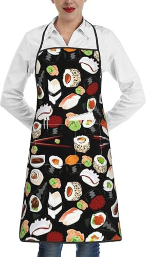 KWQDOZF Japanische Sushi-Schürze, schwarz, japanischer Sushi-Aufdruck, Taschen, Unisex, für Küche, Kochen, Bars, Schürze, Backen, Restaurants, Hausarbeit, Outdoor