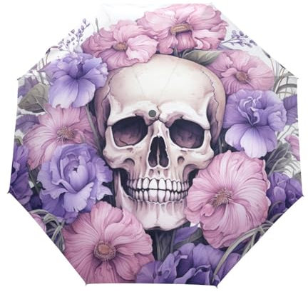 Totenköpfe Mit Blumenmuster Regenschirm Automatik Auf-Zu Taschenschirm Umbrella Kompakt Schirme für Jungen Mädchen Strand Frauen
