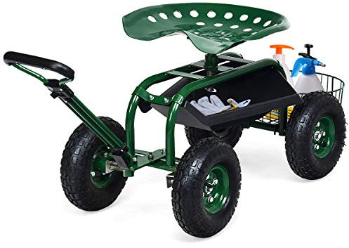 COSTWAY Sgabello per Giardinaggio con Ruote, Sedile da Giardino Regolabile in Altezza con Manico Estensibile, Cesto Portaoggetti, 2 Vassoi e 4 Ruote in Gomma (96,5 x 48,5 x 45,5-54,5 cm)